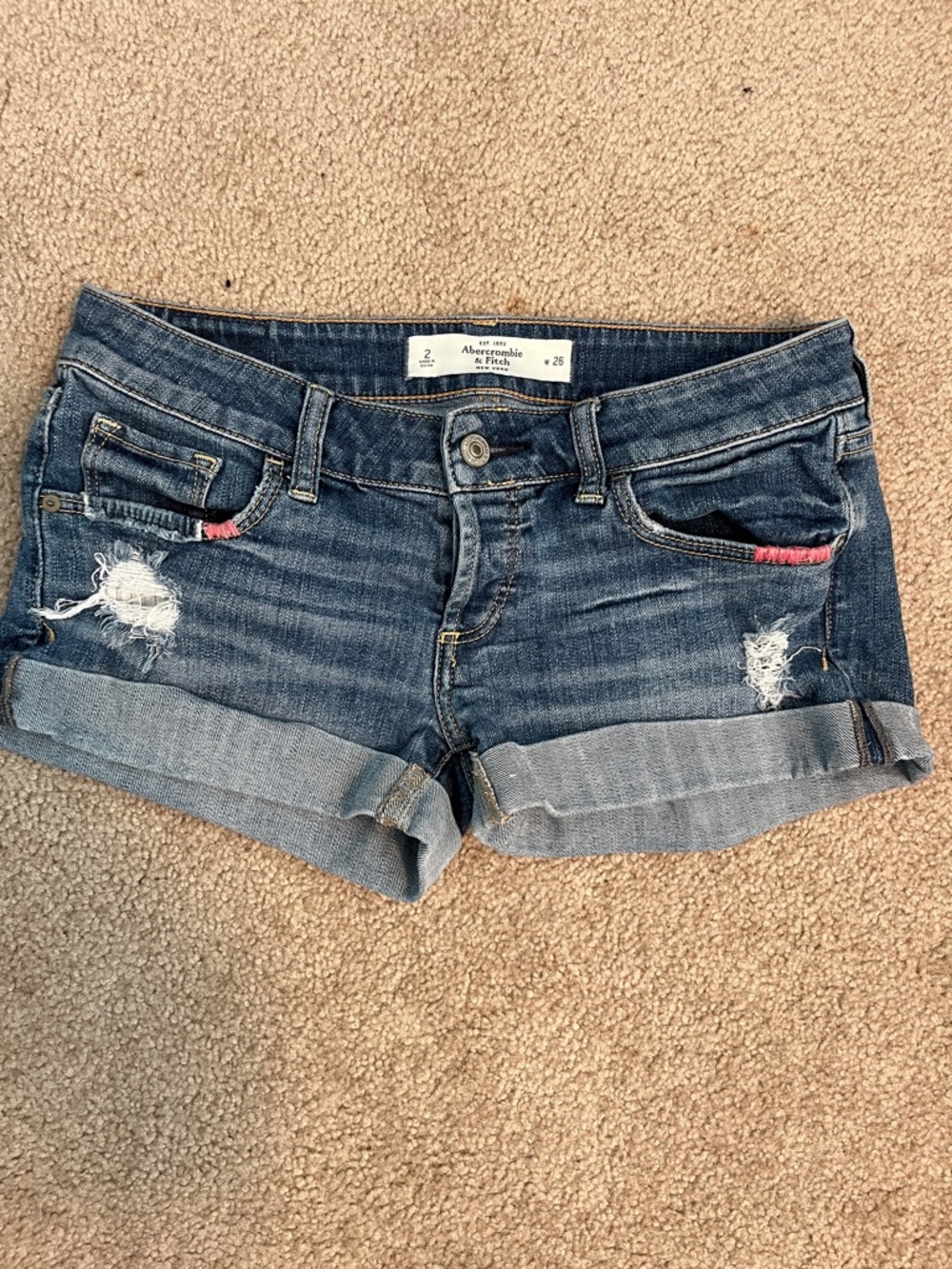 Vintage Abercrombie & Fitch Blue Denim Rolled Hem Shorts with Pink Accent